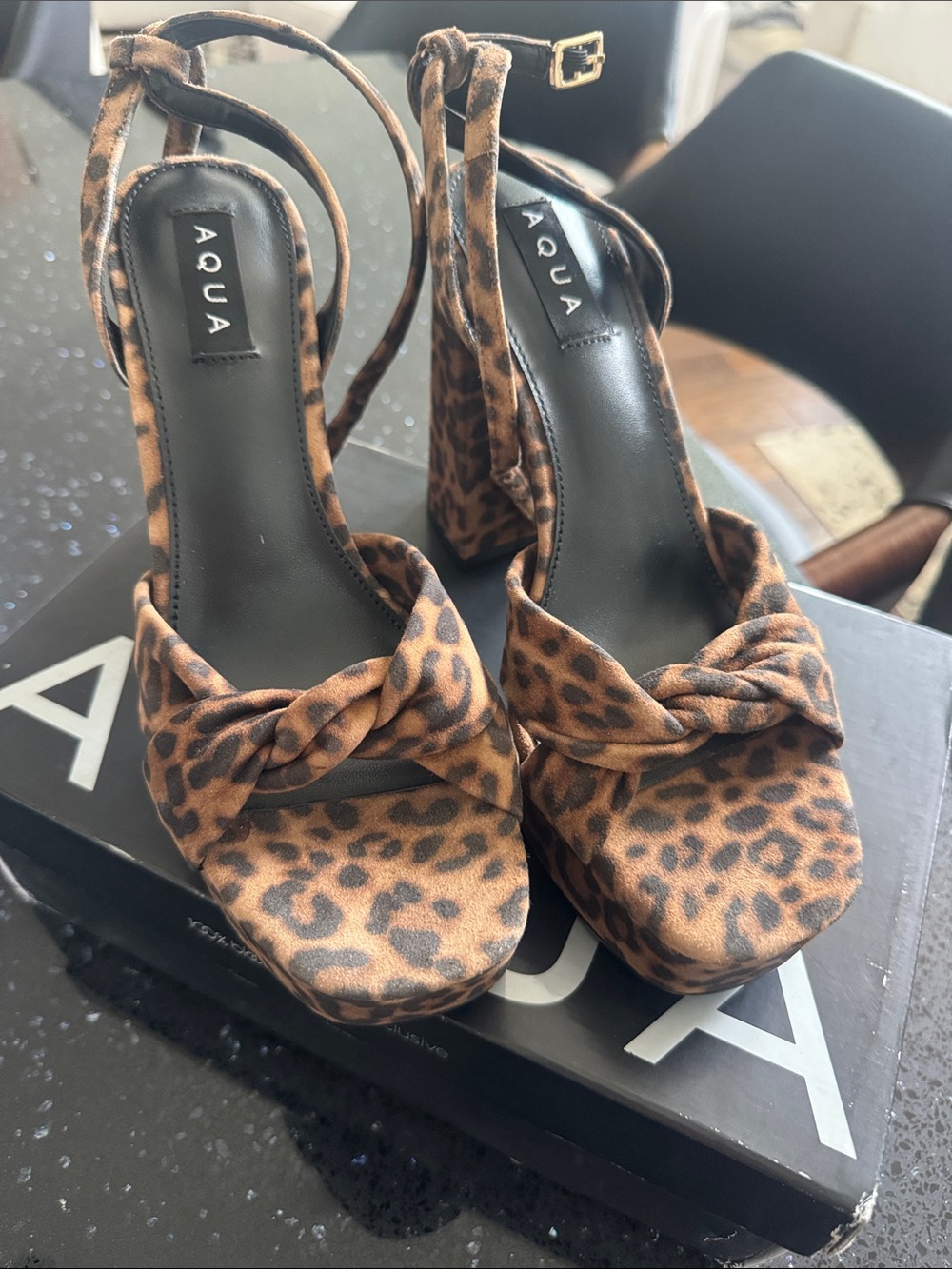Aqua Leopard-Print Knotted Platform Sandals in Brown and Black